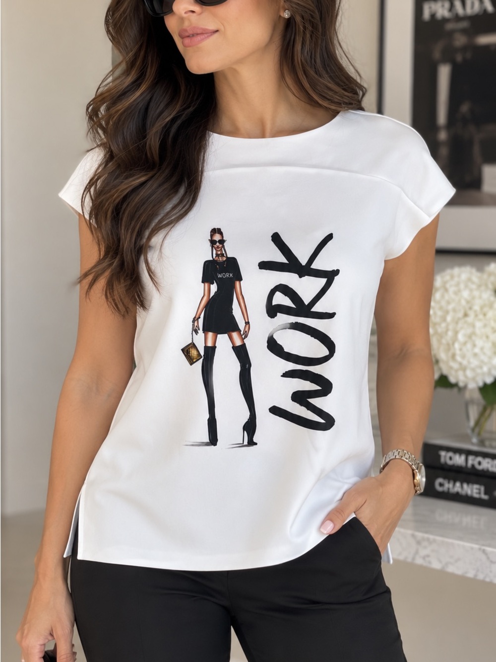 Anzata White Graphic Fashion Top Women’s S/M Made in USA